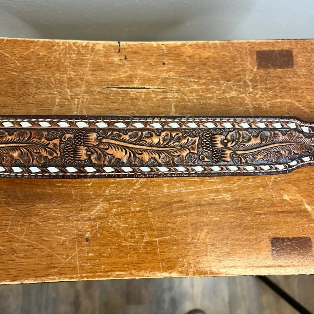 Vintage Roger RH Brown Leather Belt Custom Buckle Tony Lama Western Southwestern